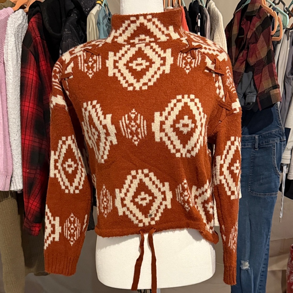 Rust Geometric Turtleneck Sweater